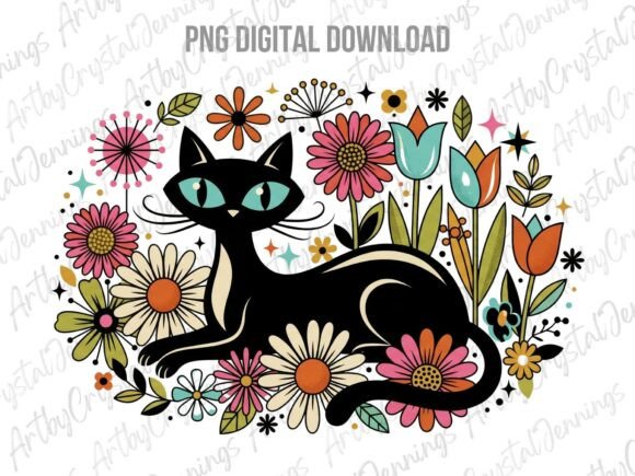 Download Retro 70s Black Cat Floral PNG - Retro Collection