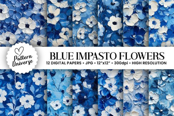 Download Blue White Impasto Painted Flower Papers - Premium Bundle